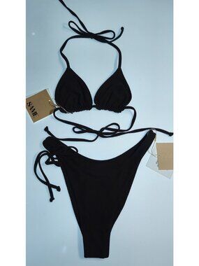 SAME The Label Black Faux Suede Triangle Halter Bikini Set Size S — New with Tag